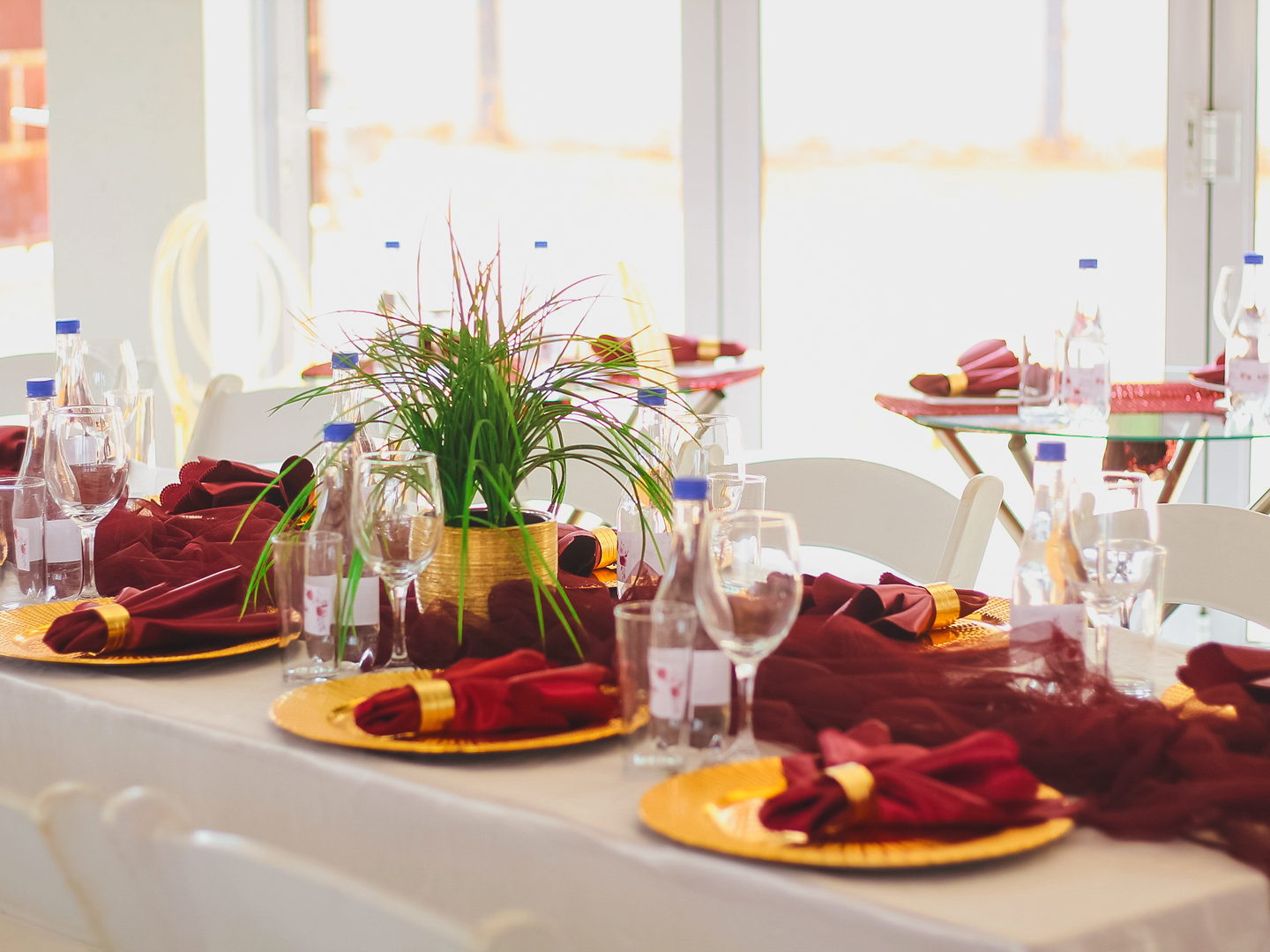 A long table laid with gold charger plates, burgundy napkins, place cards and a grass centrepiece.